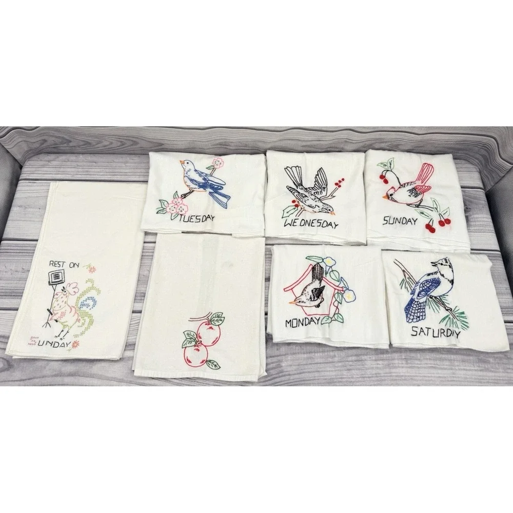 LOT OF 7 VINTAGE EMBROIDERED KITCHEN LINENS TEA TOWELS - WEEKDAYS AND CHERRIES